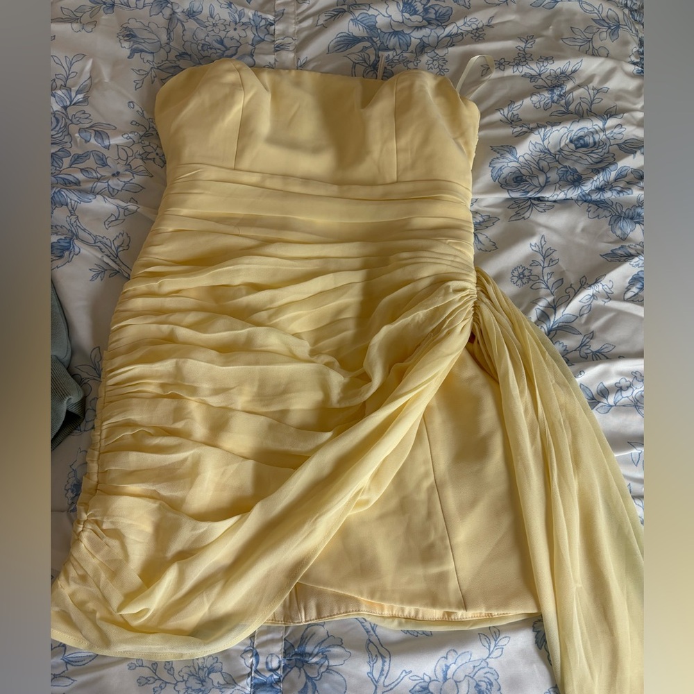 Runaway Yellow Asymmetrical Ruched Strapless Cocktail Dress